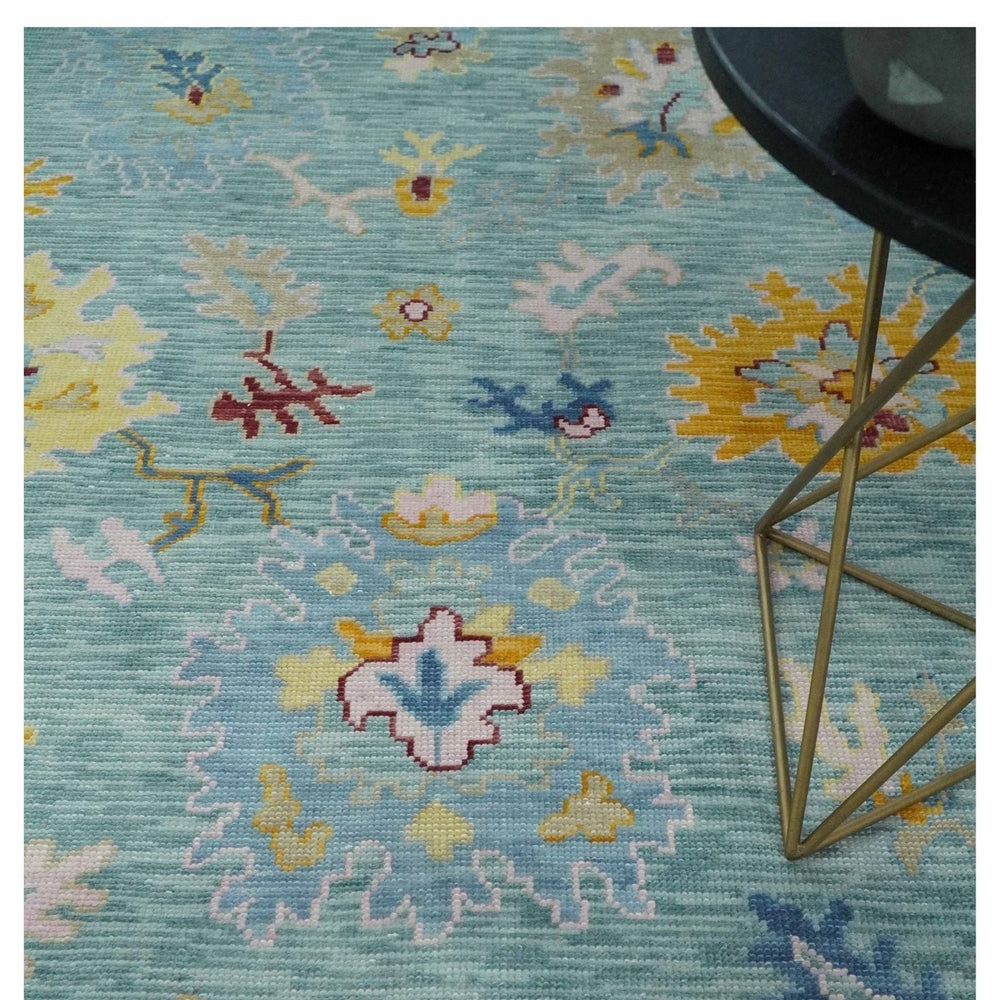 Aqua and Gray Vibrant colorful Hand knotted Oushak Multi Size Wool Area Rug