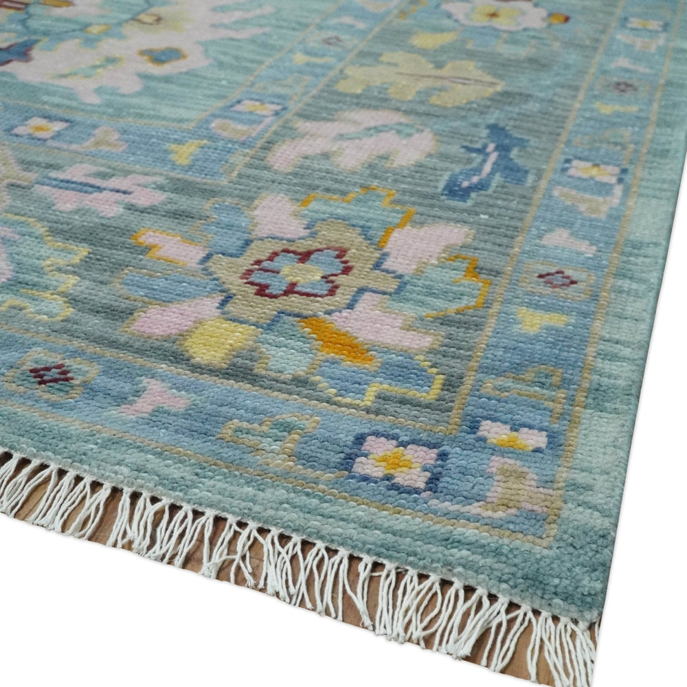Aqua and Gray Vibrant colorful Hand knotted Oushak Multi Size Wool Area Rug