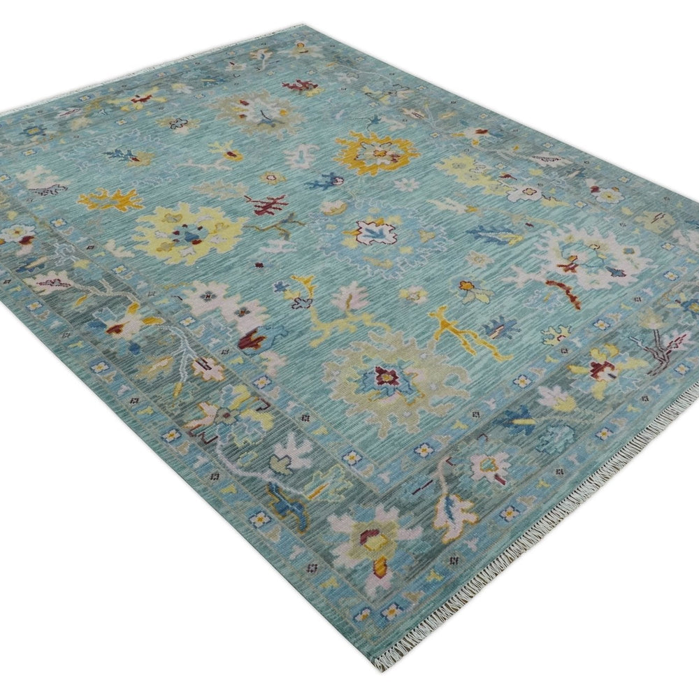 Aqua and Gray Vibrant colorful Hand knotted Oushak Multi Size Wool Area Rug