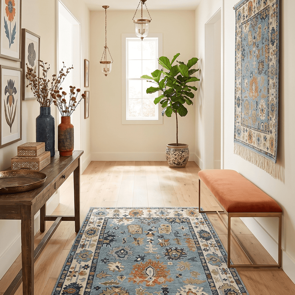 Oushak Hand Knotted Blue and Ivory Traditional Wool Multi Size wool Area Rug