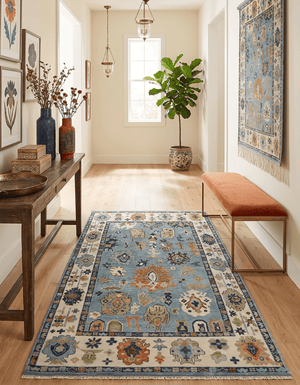 Oushak Hand Knotted Blue and Ivory Traditional Wool Multi Size wool Area Rug