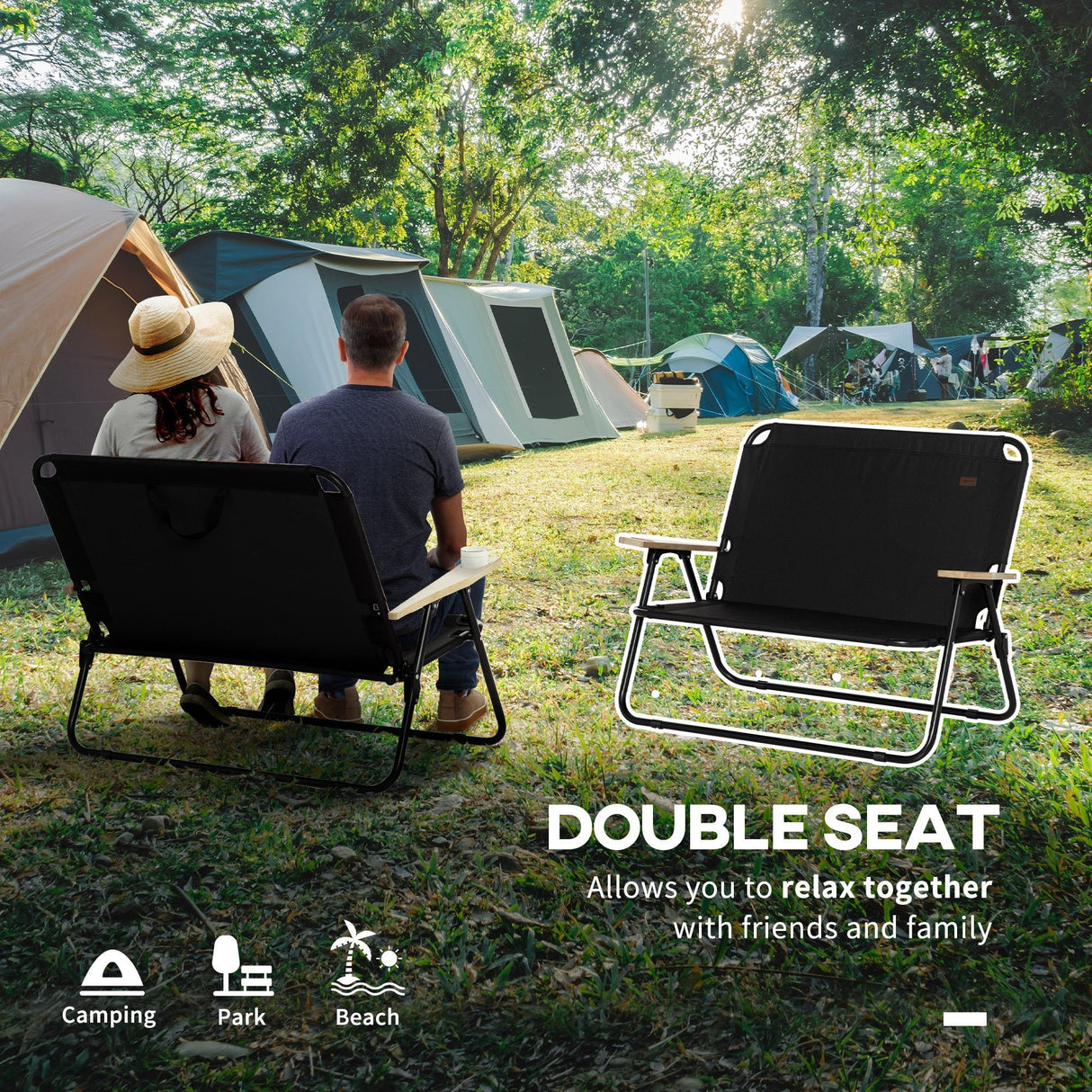 Outsunny double folding camping chair, loveseat for 2 adults, portable camping couch, black - Tuesday Morning - Outdoor Chairs