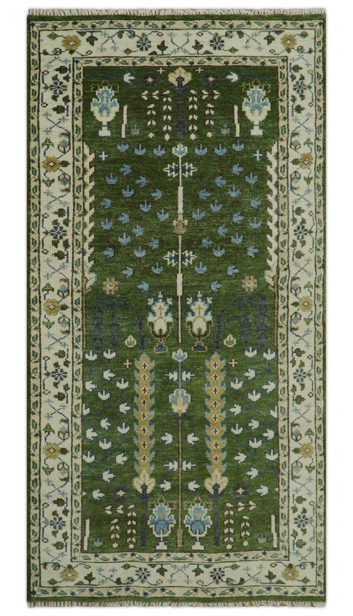Oversize 5x10 Runner Rug Green Tree of life Hand Knotted Wool Rug