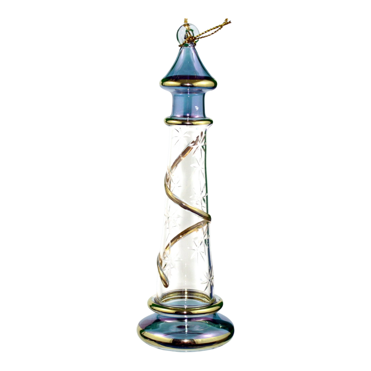 Glass Lighthouse Ornament With Gold Accent - Blue