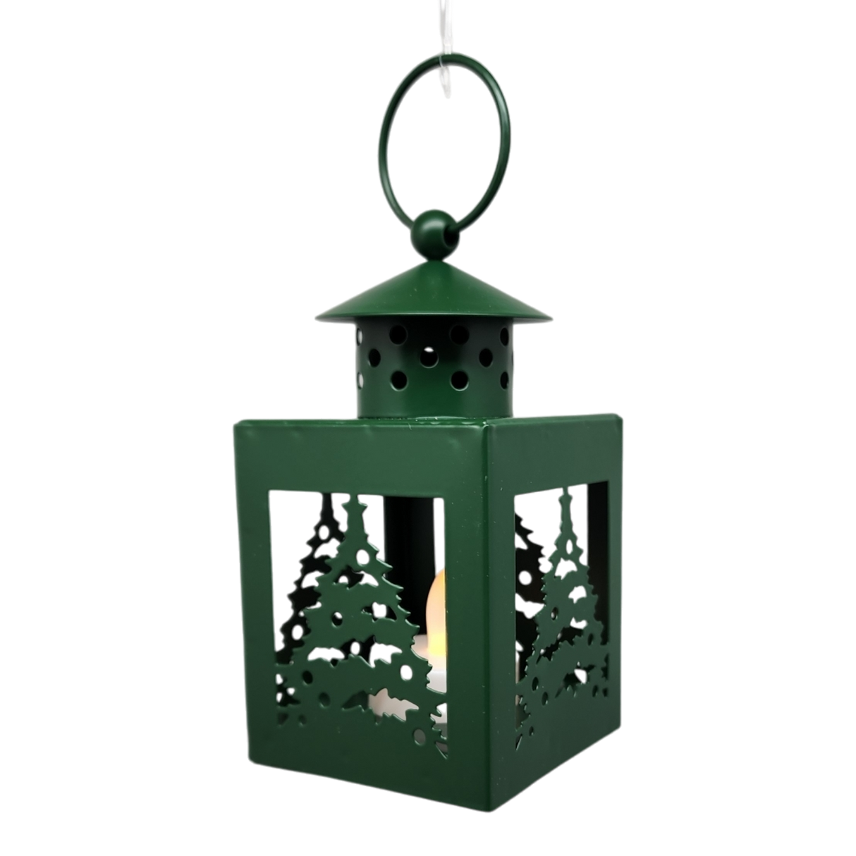 B/O Lighted Metal Holiday Lantern with LED Tealight - Green
