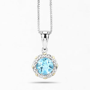 2.32 Carat Genuine Swiss Blue Topaz and White Diamond 14K Yellow Gold with .925 Sterling Silver Pendant