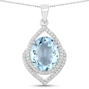 3.82 Carat Genuine Aquamarine and White Diamond 14K White Gold Pendant