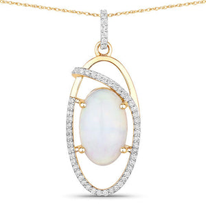 3.59 Carat Genuine Ethiopian Opal and White Diamond 14K Yellow Gold Pendant