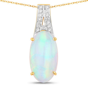 7.57 Carat Genuine Ethiopian Opal and White Diamond 14K Yellow Gold Pendant