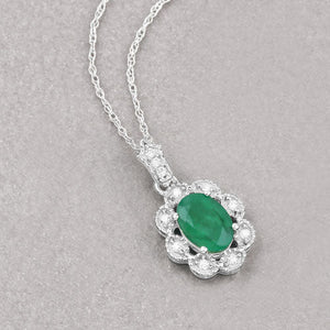 0.79 Carat Genuine Zambian Emerald and White Diamond 10K White Gold Pendant