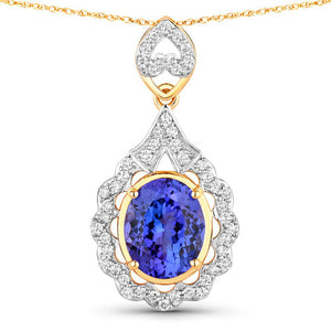 4.40 Carat Genuine Tanzanite and White Diamond 14K Yellow Gold Pendant