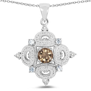3.00 Carat Genuine Smoky Quartz, Blue Topaz and White Topaz .925 Sterling Silver Pendant