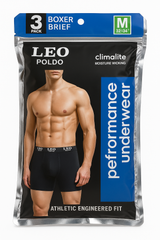 3-Pack LEO Poldo Men’s Performance Boxer Briefs – Breathable 100% Cotton Stretch Boxer Briefs with Comfort Waistband – Black, Gray, Navy