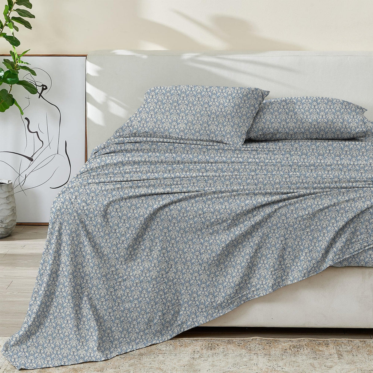Patina Vie Maison Bed Sheets Full / Blue / Tan Floral 100% Cotton Percale Floral Printed Cool & Crisp Sheet Set