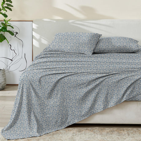 Patina Vie Maison Bed Sheets Full / Blue / Tan Floral 100% Cotton Percale Floral Printed Cool & Crisp Sheet Set