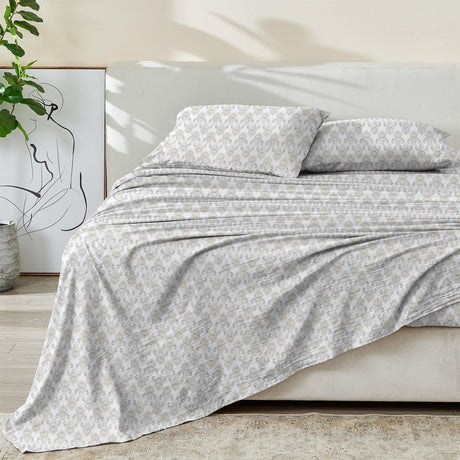 Patina Vie Maison Bed Sheets Full / White / Tan Vintage Floral 100% Cotton Percale Floral Printed Cool & Crisp Sheet Set