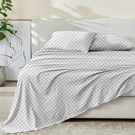 Patina Vie Maison Bed Sheets Full / White / Grey Floral 100% Cotton Percale Floral Printed Cool & Crisp Sheet Set
