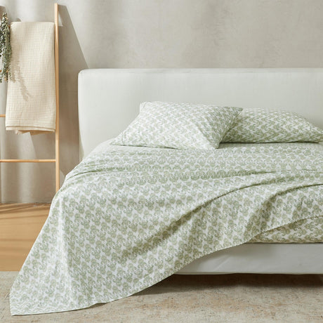 Patina Vie Maison Bed Sheets King / White / Green Vintage Floral 100% Cotton Percale Floral Printed Cool & Crisp Sheet Set