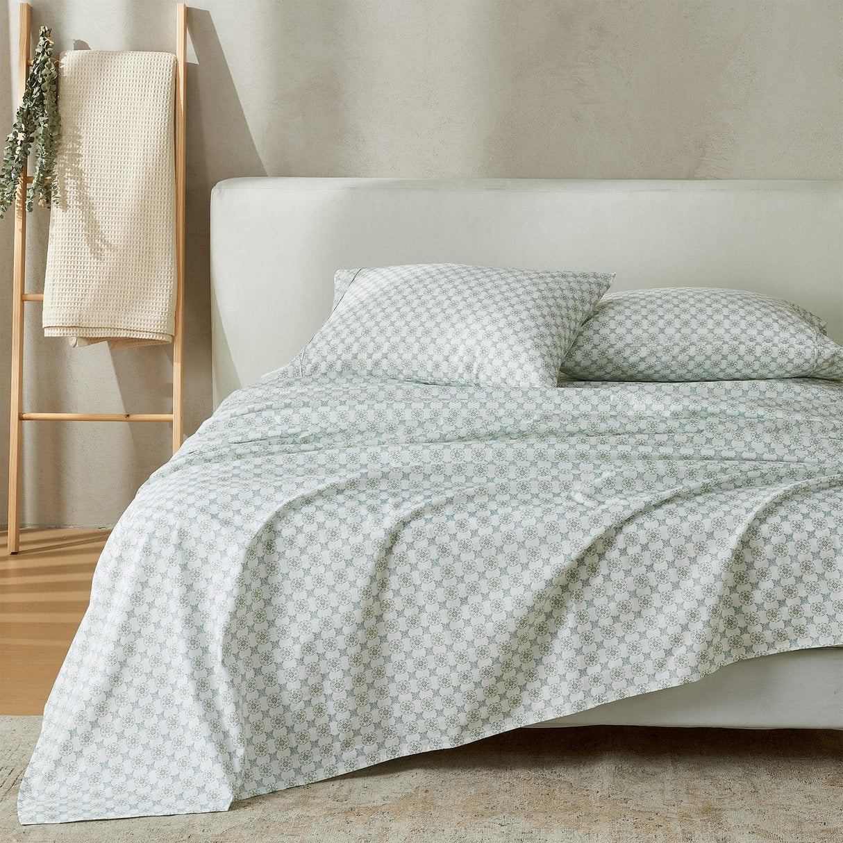 Patina Vie Maison Bed Sheets King / White / Sage Green Floral 100% Cotton Percale Floral Printed Cool & Crisp Sheet Set