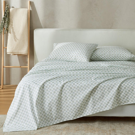 Patina Vie Maison Bed Sheets King / White / Sage Green Floral 100% Cotton Percale Floral Printed Cool & Crisp Sheet Set