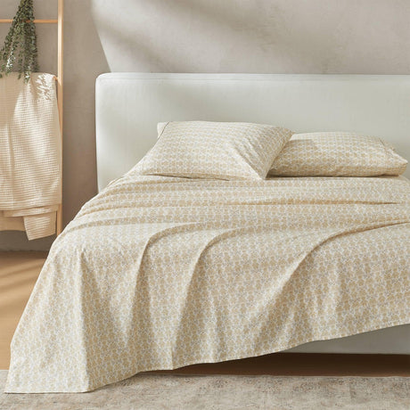 Patina Vie Maison Bed Sheets Queen / White / Mustard Yellow Floral 100% Cotton Percale Floral Printed Cool & Crisp Sheet Set