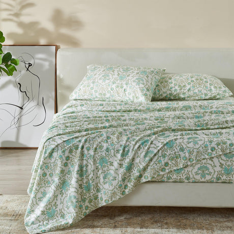 Patina Vie Maison Bed Sheets Twin / Geo Floral - Aqua 100% Cotton Vintage Floral Printed Flannel Sheet Set