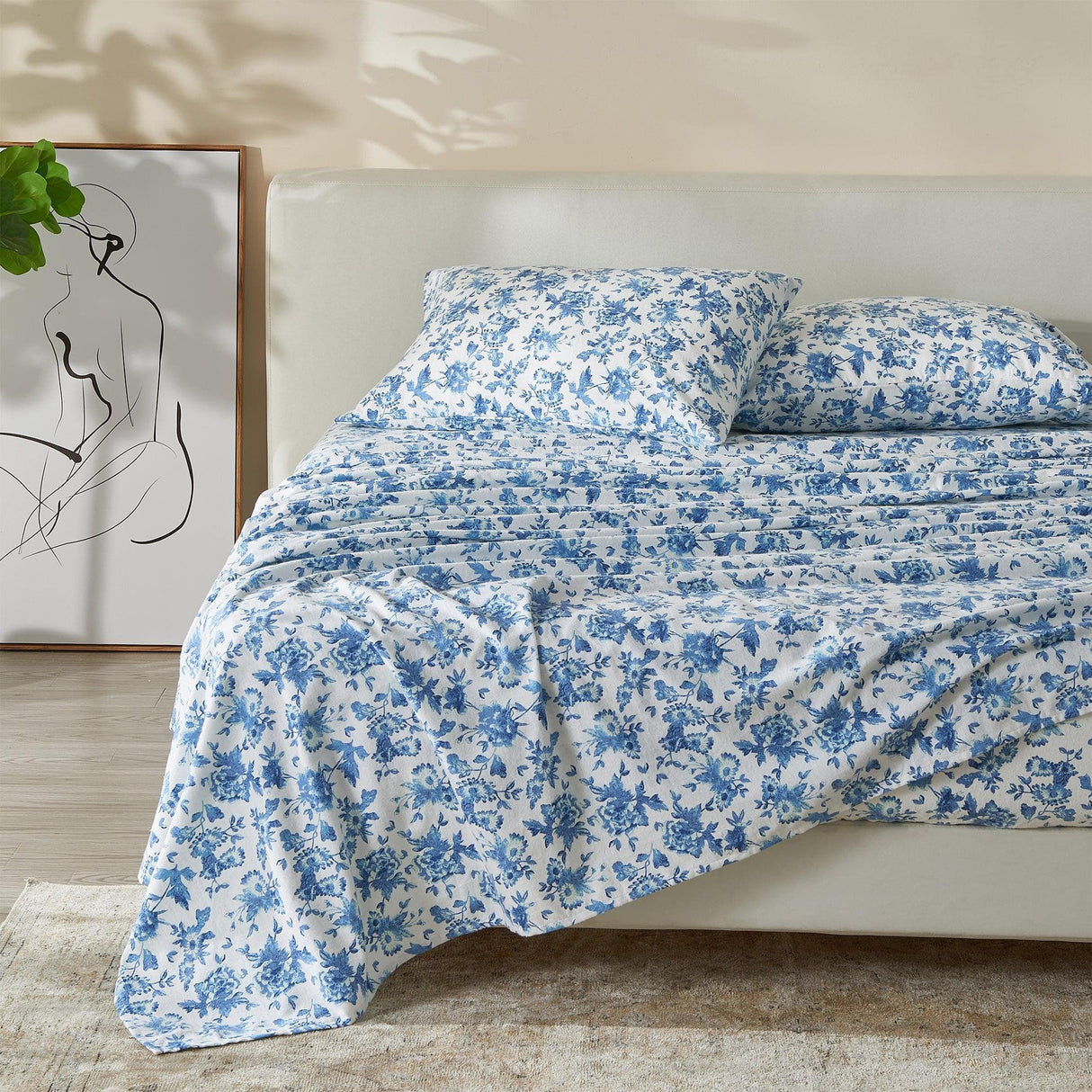 Patina Vie Maison Bed Sheets Queen / Floral - Blue 100% Cotton Vintage Floral Printed Flannel Sheet Set