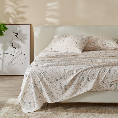 Patina Vie Maison Bed Sheets Full / Abstract Floral - Natural 100% Cotton Vintage Floral Printed Flannel Sheet Set