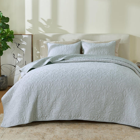 Patina Vie Maison Quilts & Comforters Full / Queen / Blue - Scroll 100% Cotton Quilt Set with Boho Stitched Detail