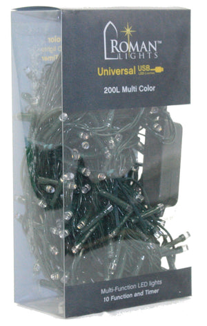 USB powered 200 LED (52 foot) Green Wire Multifunction Lights with Timer - Multicolor