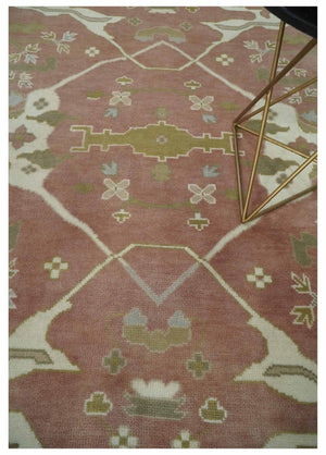 Peach, Ivory and Olive Hand knotted 8x10 and 9x12 Oriental Oushak Traditional Wool Area Rug, Kids, Living Room and Bedroom Rug