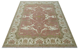 Peach, Ivory and Olive Hand knotted 8x10 and 9x12 Oriental Oushak Traditional Wool Area Rug, Kids, Living Room and Bedroom Rug