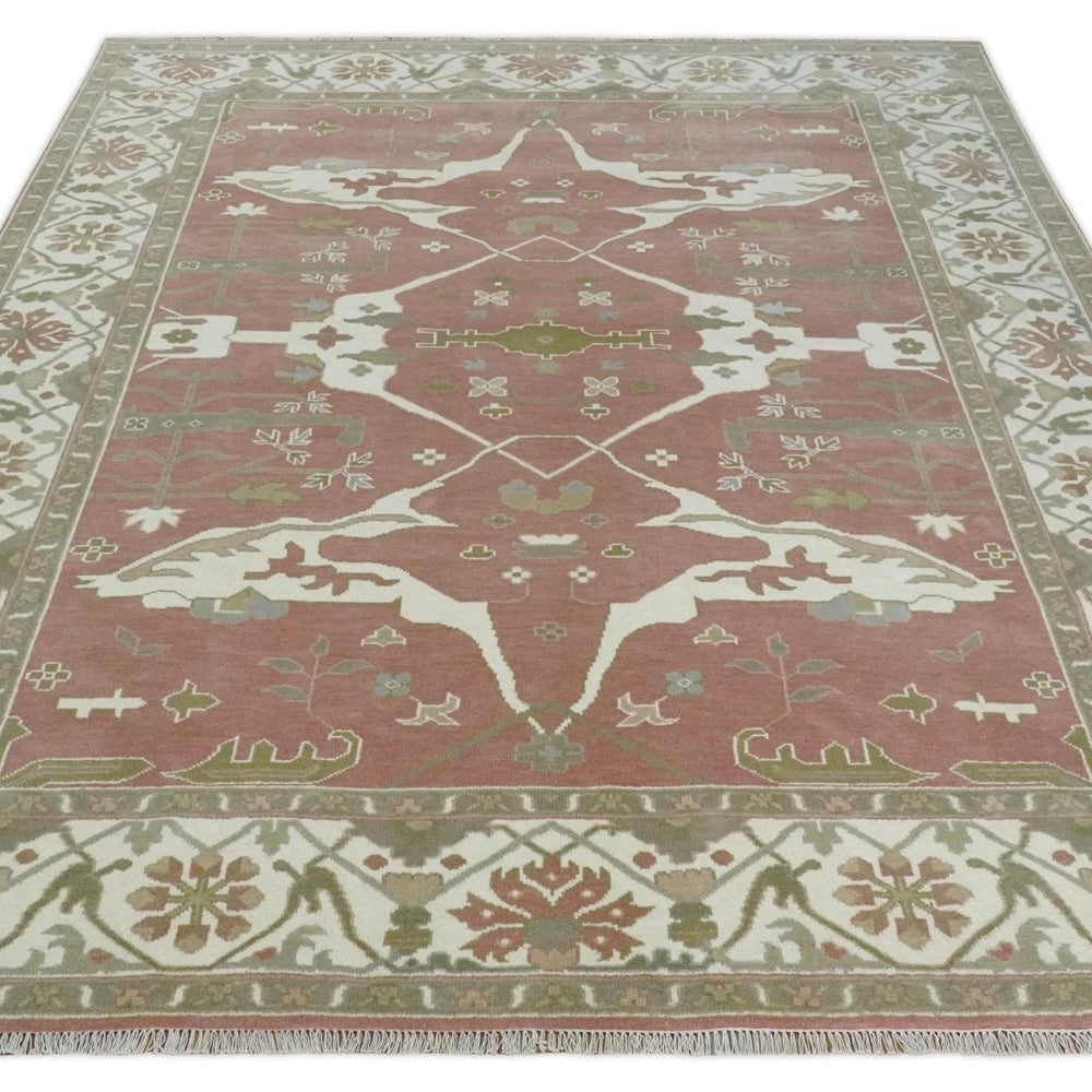 Peach, Ivory and Olive Hand knotted Multi size Oriental Oushak Traditional Wool Area Rug