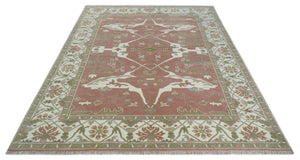 Peach, Ivory and Olive Hand knotted Multi size Oriental Oushak Traditional Wool Area Rug