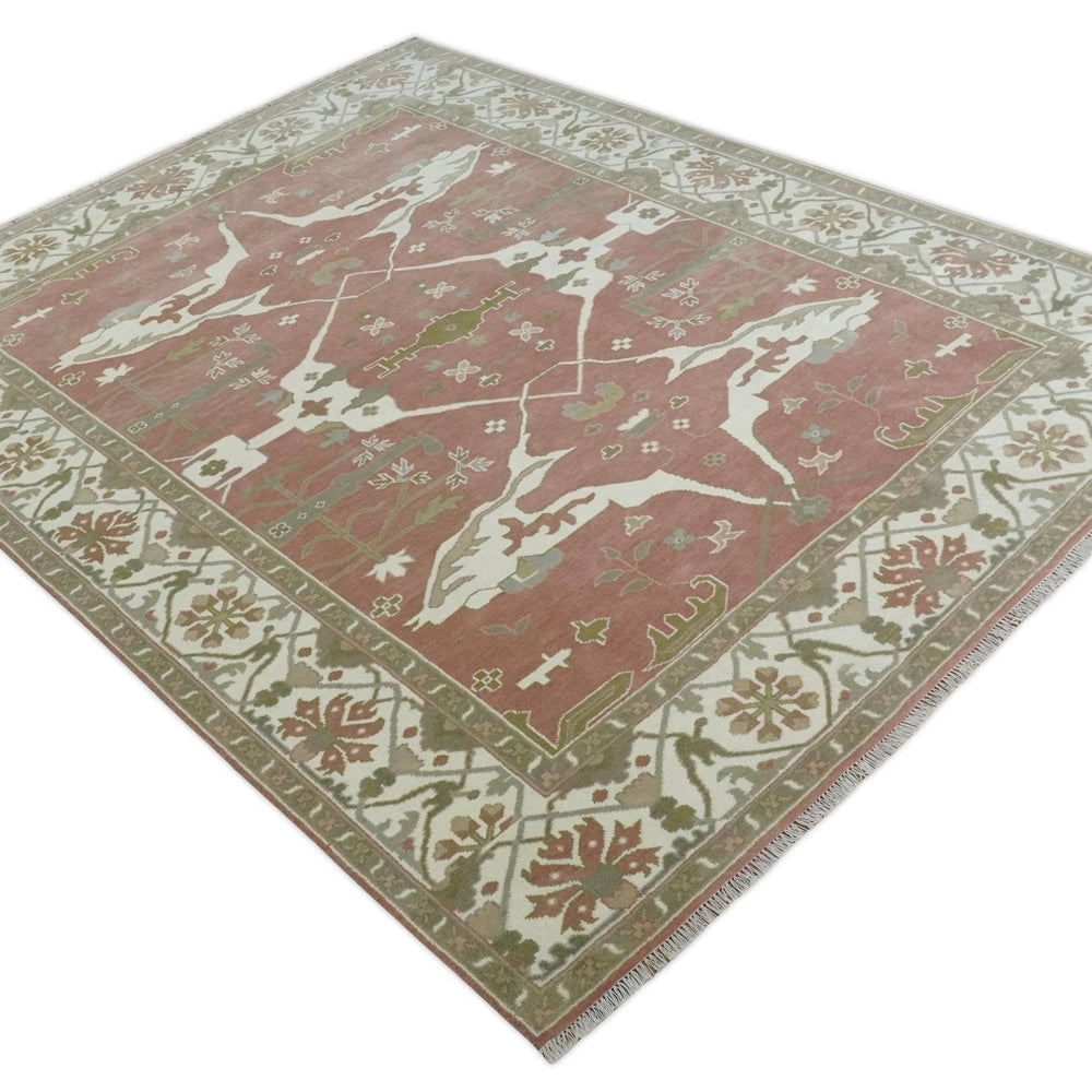 Peach, Ivory and Olive Hand knotted Multi size Oriental Oushak Traditional Wool Area Rug