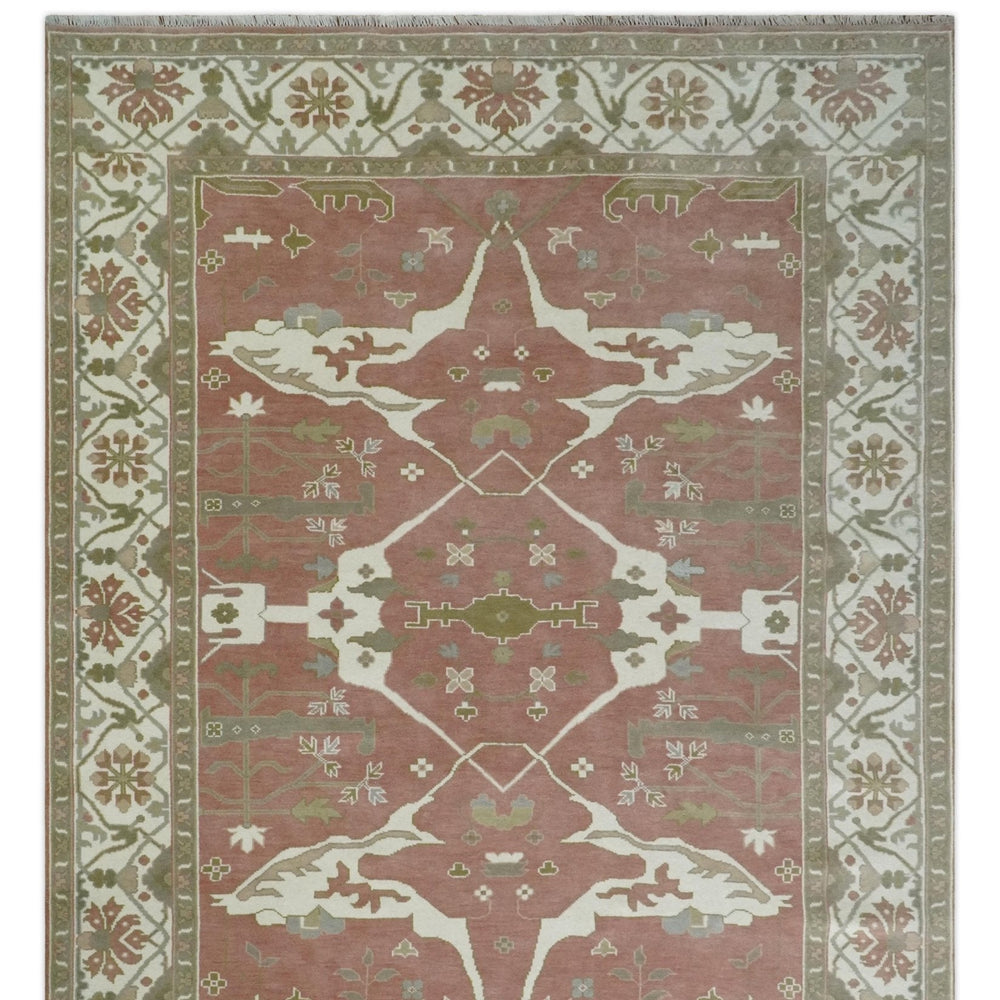 Peach, Ivory and Olive Hand knotted Multi size Oriental Oushak Traditional Wool Area Rug