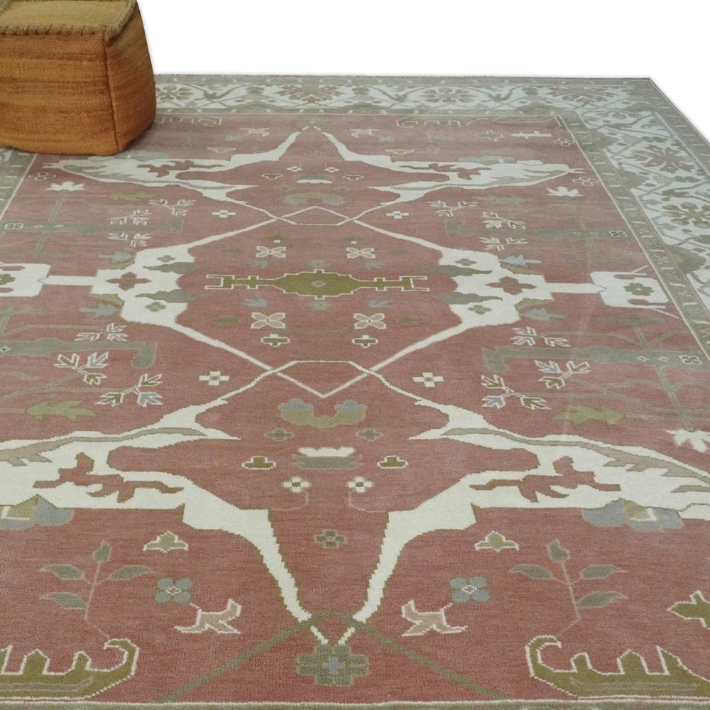 Peach, Ivory and Olive Hand knotted Multi size Oriental Oushak Traditional Wool Area Rug
