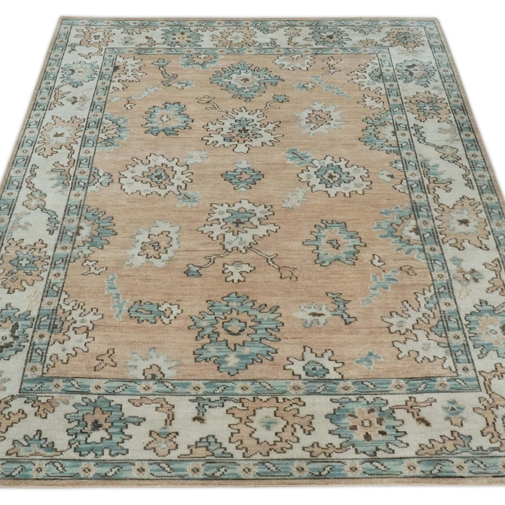Peach, Ivory and Teal Hand knotted Traditional Oushak Multi Size wool Area Rug