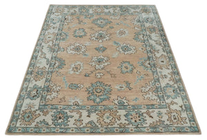 Peach, Ivory and Teal Hand knotted Traditional Oushak Multi Size wool Area Rug