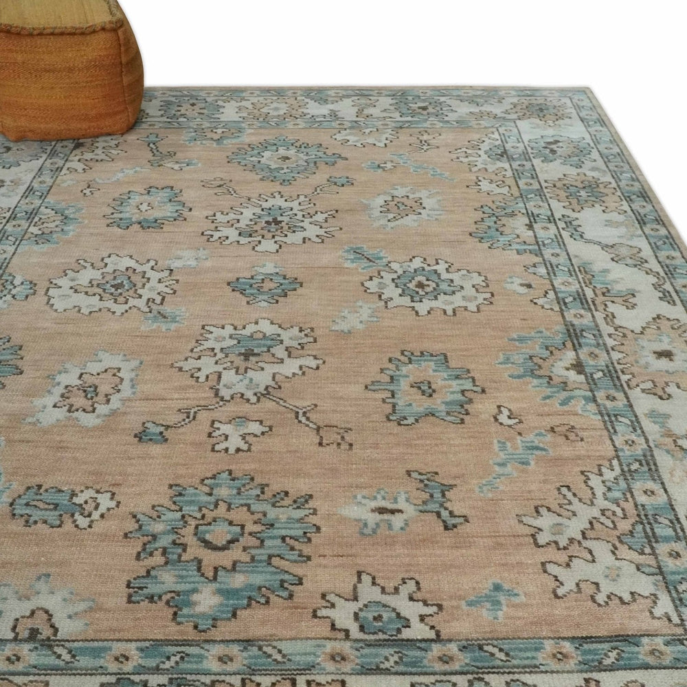 Peach, Ivory and Teal Hand knotted Traditional Oushak Multi Size wool Area Rug