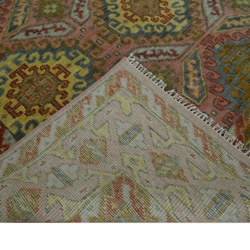 Peach, Mustard, Brown and Gray Oriental Hand Knotted Multi Size Wool Area Rug, Living Room and Bedroom Rug