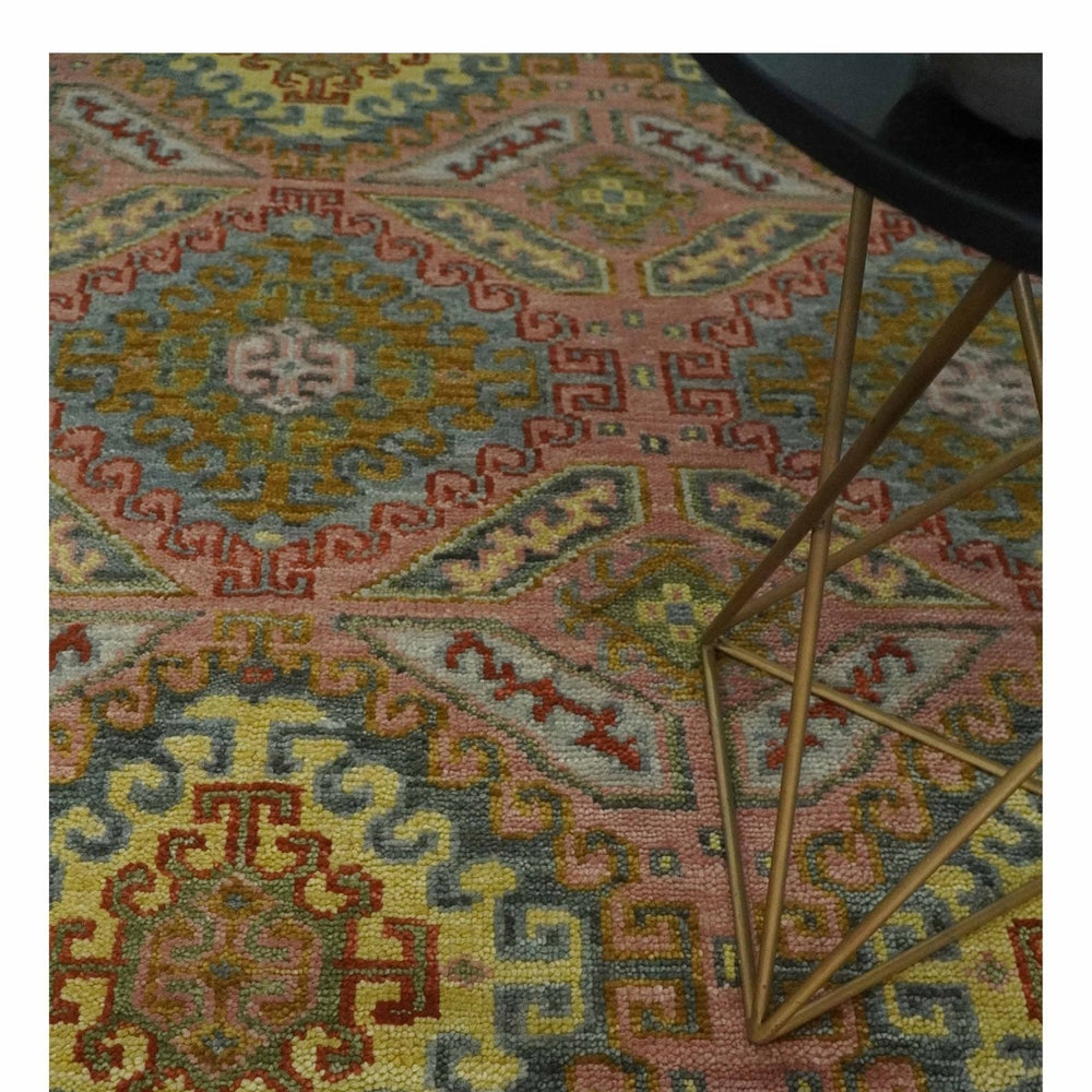 Peach, Mustard, Brown and Gray Oriental Hand Knotted Multi Size Wool Area Rug, Living Room and Bedroom Rug