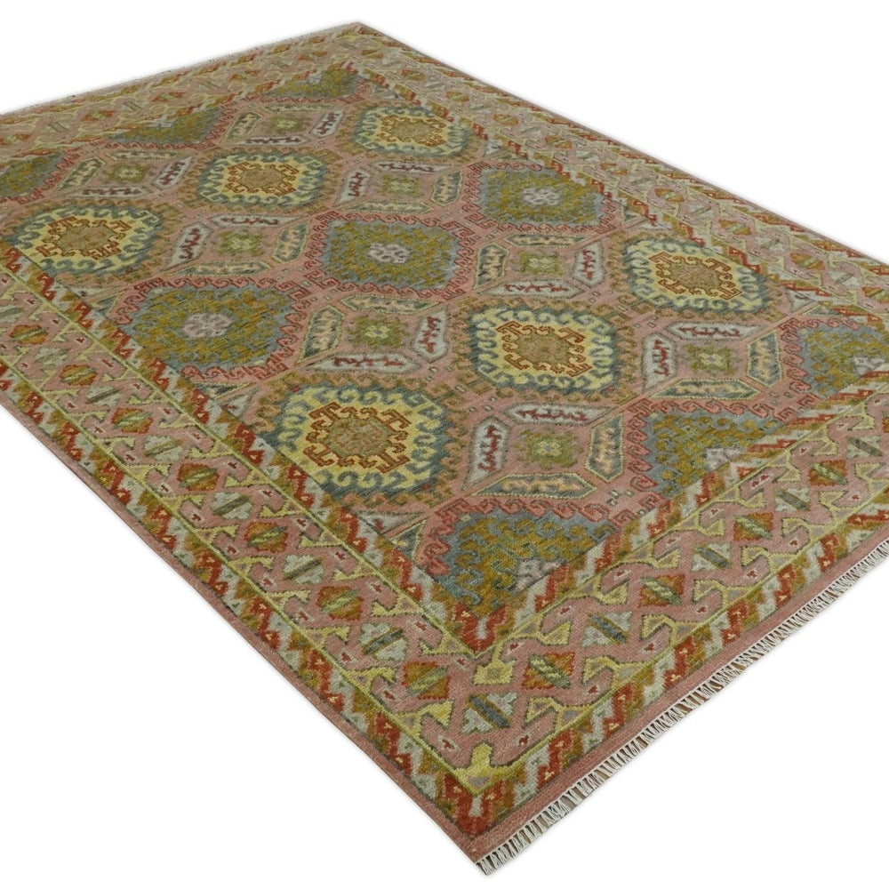 Peach, Mustard, Brown and Gray Oriental Hand Knotted Multi Size Wool Area Rug, Living Room and Bedroom Rug