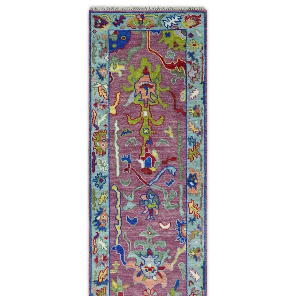 Custom Made Oushak Pink And Blue Runner Hand Knotted Wool Rug