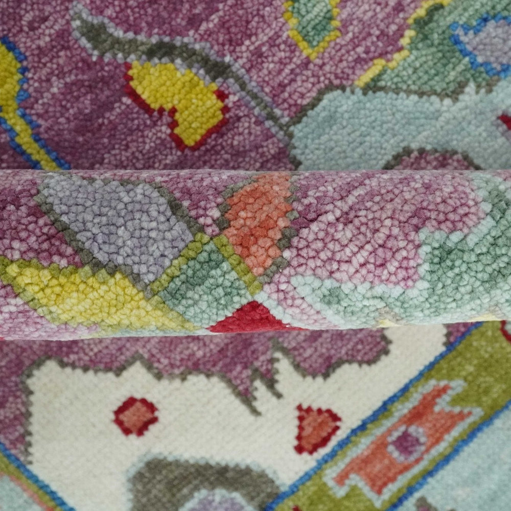 Custom Made Oushak Pink And Blue Runner Hand Knotted Wool Rug