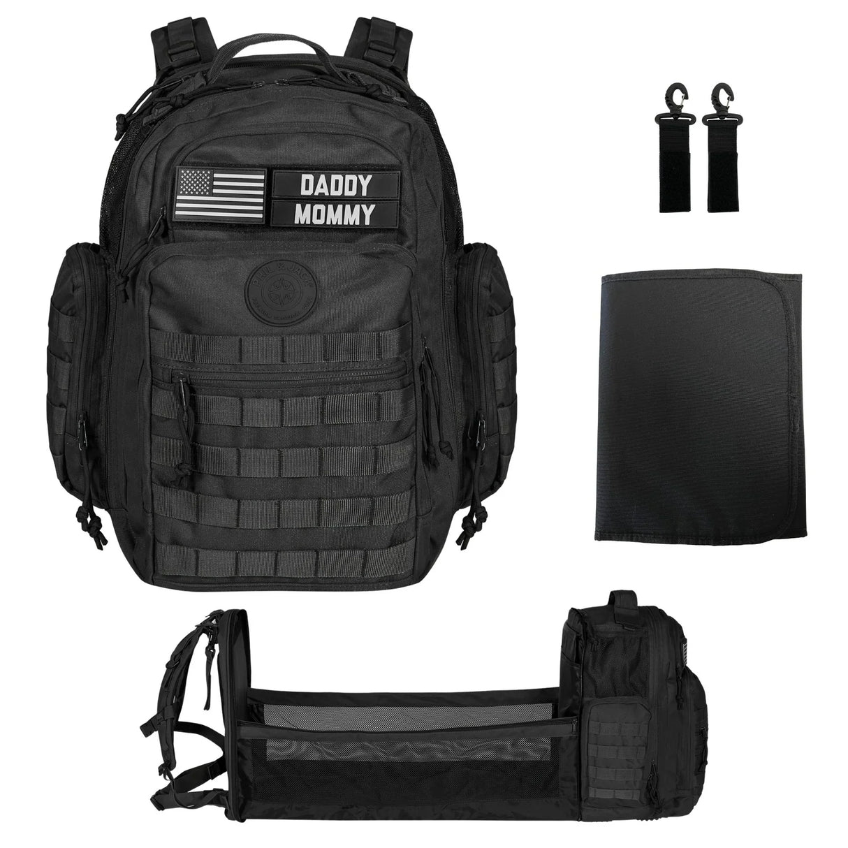 Phil & Jack Dad Diaper Bag Backpack, Baby Diaper Bag with Changing Station, Tactical Military Style, Womens Mens Diaper Bag (Black)