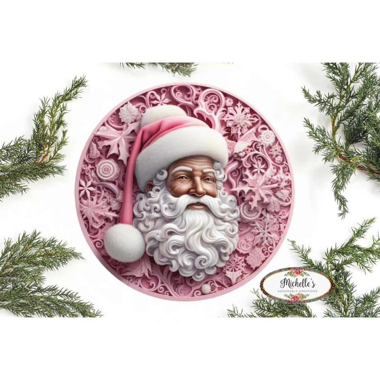 Pink African American Faux 3D Santa Sign - Wreath Enhancement