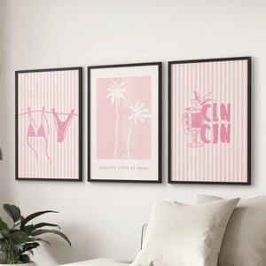 Preppy Coastal Girl Room Décor. Set of 3 Pink Summer Prints