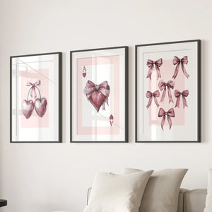 Coquette Cherry Wall Art Set of 3. Pink Romantic Decor