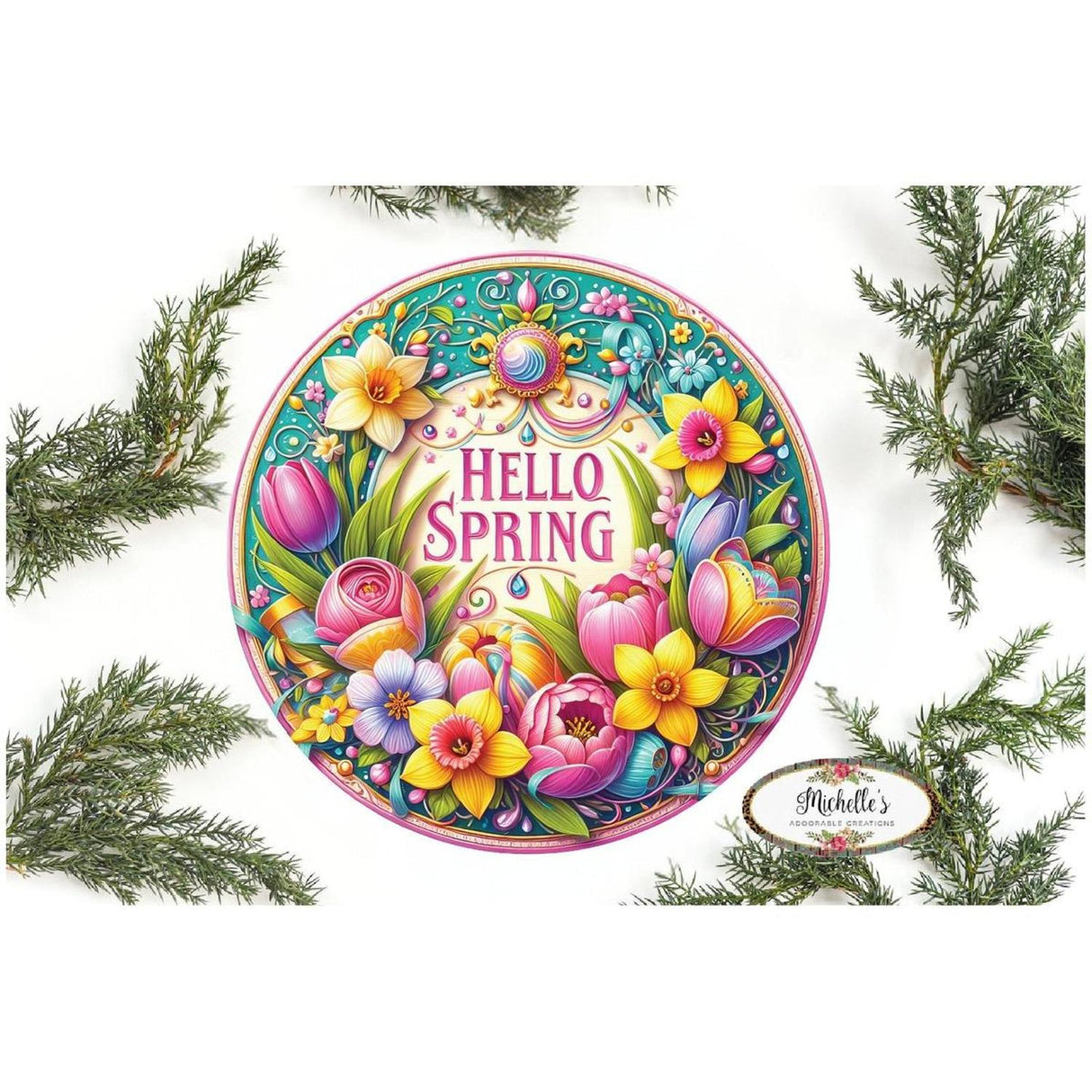 Pink Hello Spring Floral Sign